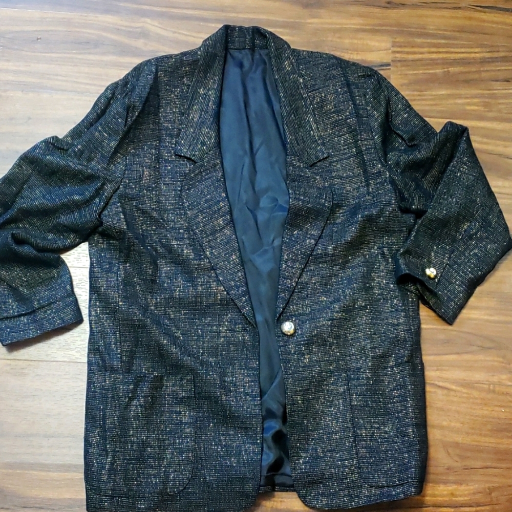 Vintage 90s Black Gold Metallic Blazer Oversized Boyfriend Jacket Rhinestone S